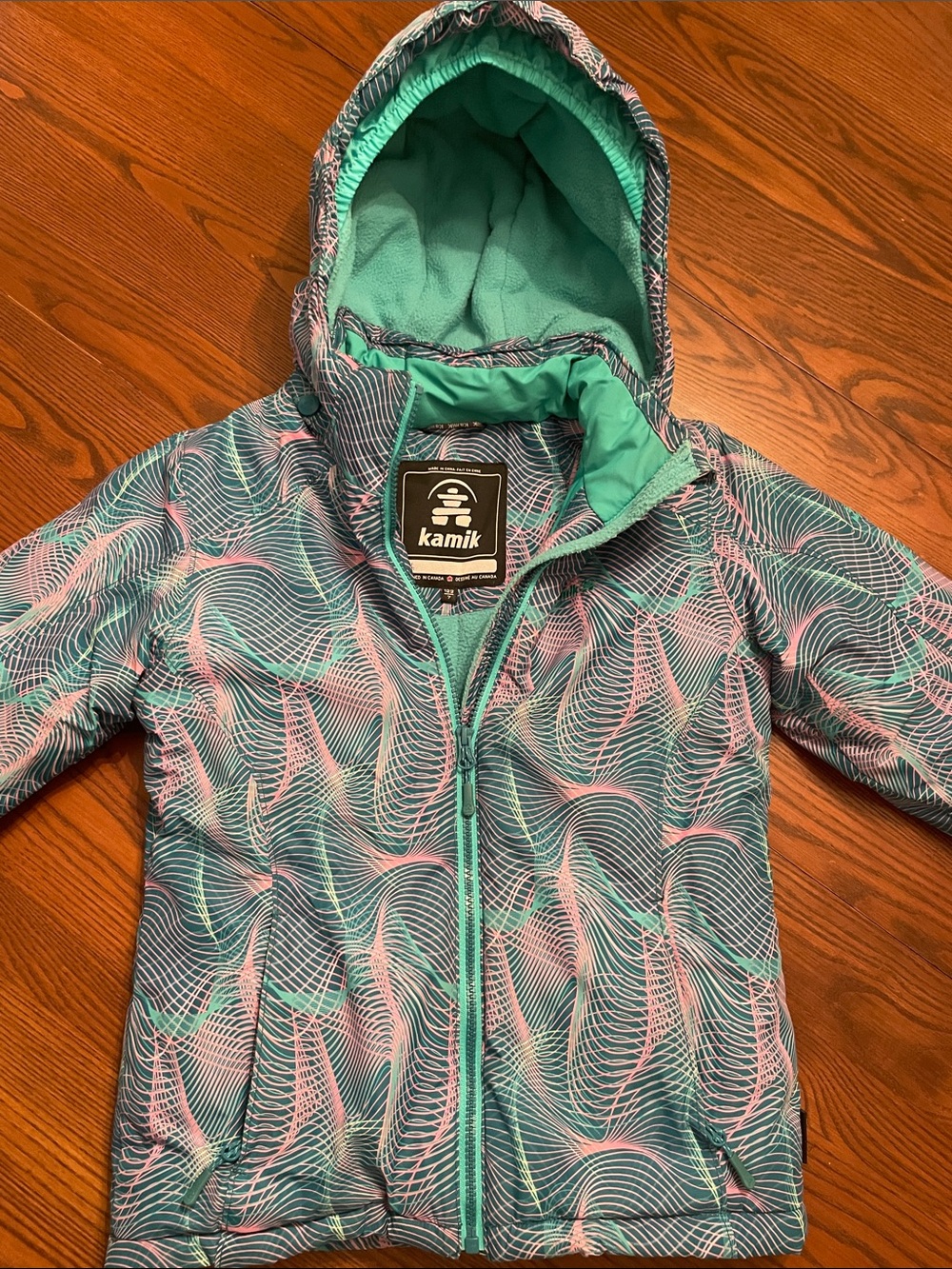 Kamik Size 7 little Girls Teal & Pink Hooded Puffer Ski Snow Jacket